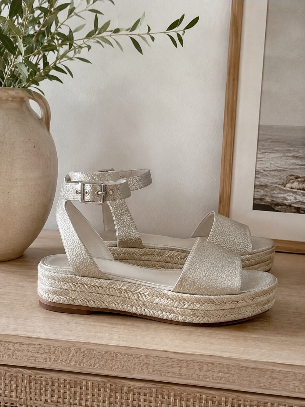 Metallic Gold Shoes Platform Espadrille Sandals Ankle Strap Wedge Heel Size 7